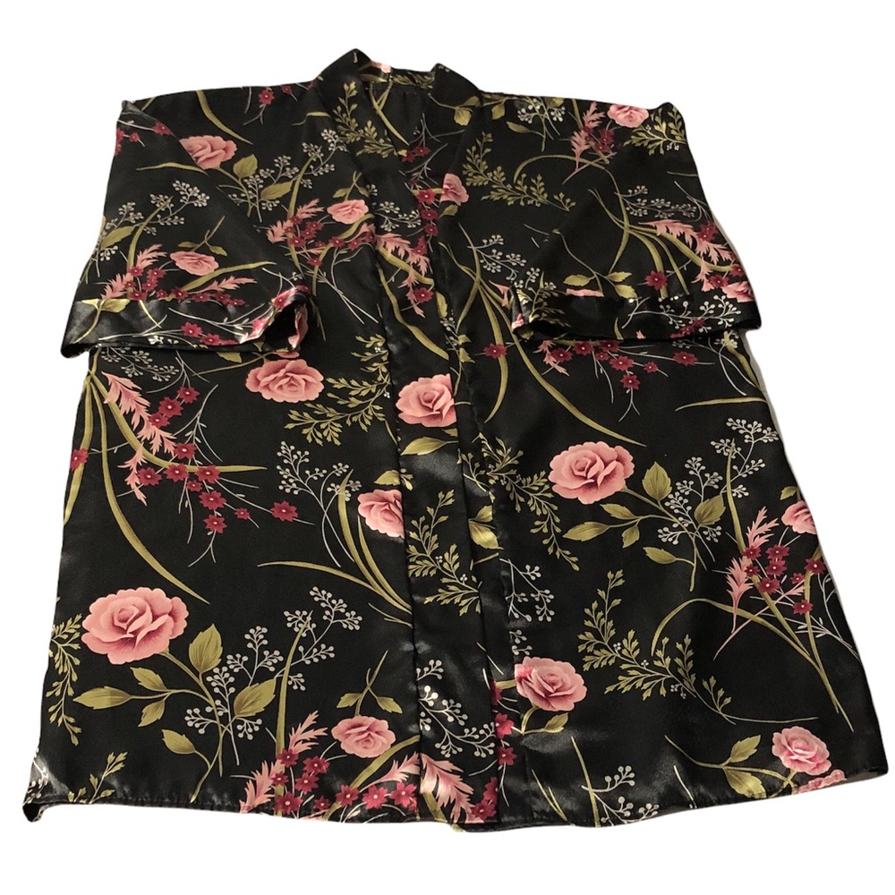 Vintage Colesce Couture Lingerie Robe Womens Size M Satin Roses Waist Tie Kimono - Picture 4 of 7
